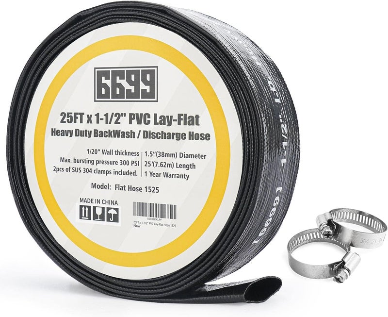 6699 Water Discharge Hose 1-1/2” ID PVC Lay Flat 25FT Length with Clamps Heavy Duty Backwash Hose Easy Installation for Swimming Pools Pump Accessory Household Drainage Kit - Image 1